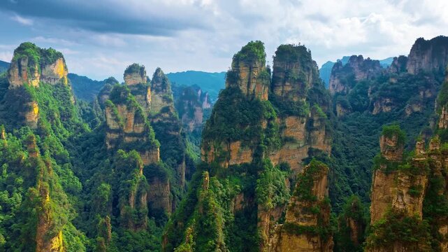 Sandstone peak pillars in Zhangjiajie National Forest Park, Wulingyuan scenic area, Hunan province, China.