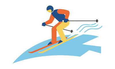 Fototapeta premium Dynamic minimalist skier descending a snowy slope with poles isolated on a white background. Winter sports activity concept
