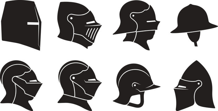 Medieval and Renaissance knight helmet silhouette collection showcasing historical armor evolution for military history and design projects