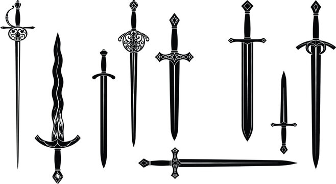 Medieval Sword Silhouette Collection Vector Illustration with Fantasy and Historical Blade Designs