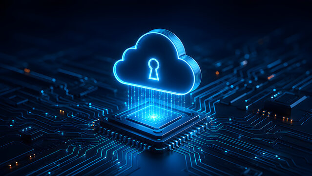 Glowing blue neon cloud with keyhole hovering over a digital circuit processor. Concept of secure cloud computing, encrypted virtual storage, and digital data privacy.