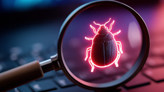 A magnifying glass revealing a computer bug represents malware detection and cybersecurity threat investigation.
