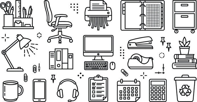 Office Supplies Collection Black Line Art Icons On White Background