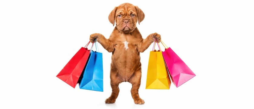 dogue de bordeaux puppy standing upright and holding colorful shopping bags on a white background