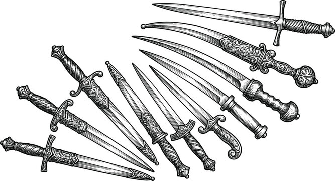 Vintage Antique Dagger and Sword Engraving Collection Hand Drawn Medieval Weapon Illustration Set