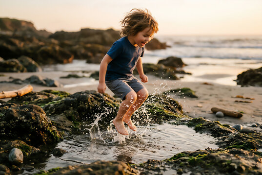 Happy young boy jumping in tide pool on beach at sunset