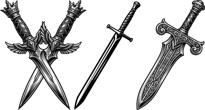 Vintage Engraved Medieval Fantasy Sword Collection with Crossed Blades and Ornate Weapon Illustrations