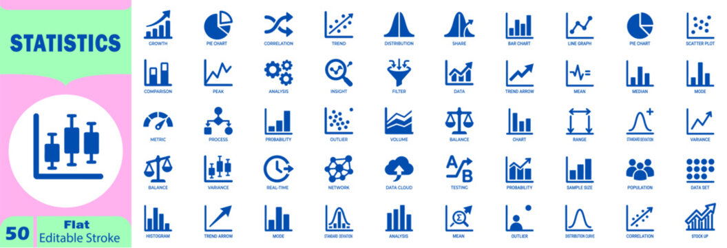 Statistics charts and graphs icon set. Showing data analysis trends, growth, and distribution for business. Editable Stroke. Vector Illustration.