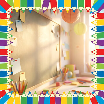 Colorful pencil border around classroom bulletin board with sticky notes and school supplies.