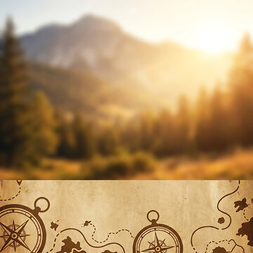 Old vintage map texture background with compass and dotted line trails on blurry nature landscape.