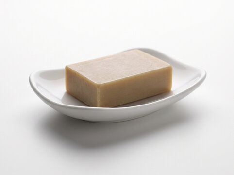 Elegant White Ceramic Soap Dish with Natural Beige Soap on White Surface