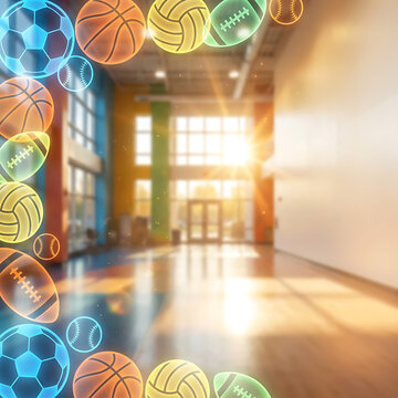 Sports balls frame on bright and modern empty gym with sunlight streaming through windows.