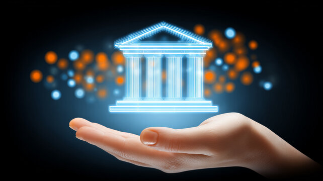 A hand presenting a digital bank building representing financial technology and modern online banking services
