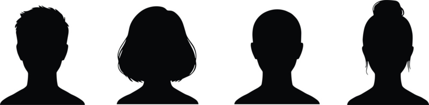 Diverse default user profile avatar black silhouettes on white background.