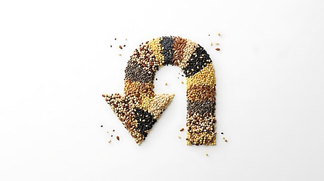 Creative arrow shape made from colorful seeds and grains on white background