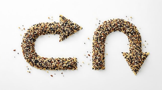 Creative recycling arrows made from colorful mixed seeds on white background