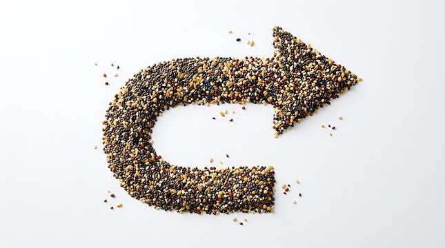 Curved arrow made of colorful mixed seeds on a clean white background