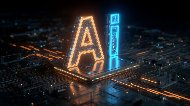 Artificial intelligence letters standing on a processor representing machine learning and advanced computing innovation
