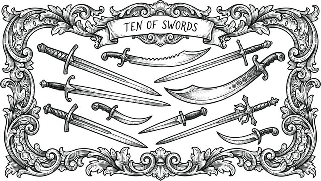 Vintage Engraved Medieval Sword Collection with Ornate Decorative Frame and Antique Weapon Illustrations