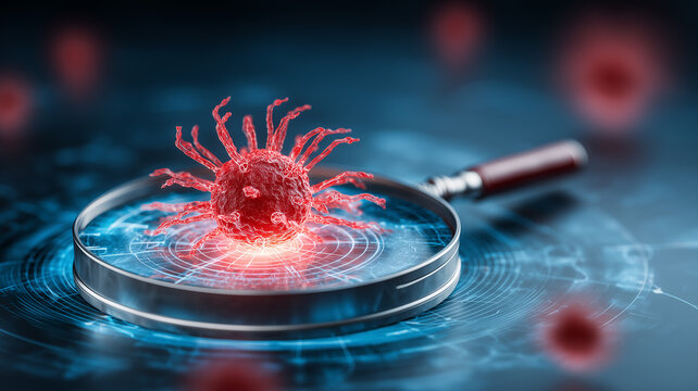 A virus under a magnifying glass representing malware detection and cybersecurity threat investigation
