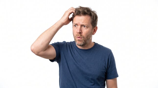 Confused man scratching head with puzzled expression on white background