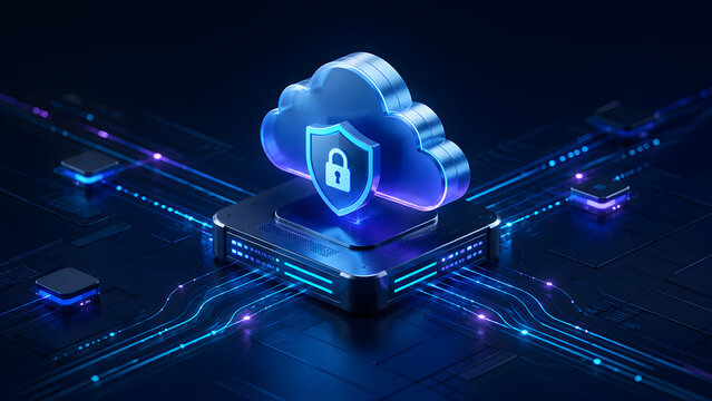 Glowing blue cloud with shield and padlock on a digital microchip processor. Concept of encrypted cloud cybersecurity, virtual data protection, and secure server hosting.