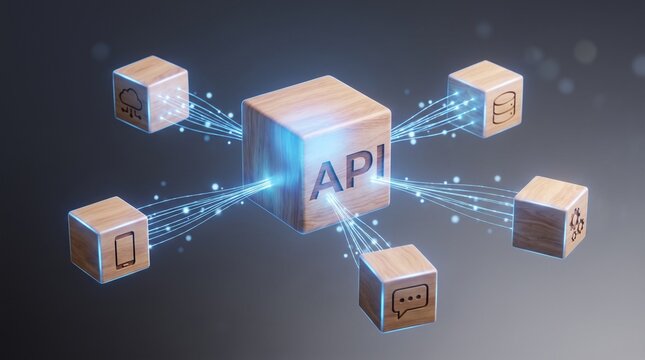 API integration and system connectivity concept with glowing data lines connecting wooden cubes representing various digital services