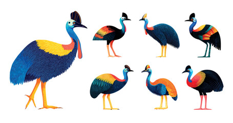 Fototapeta premium Cassowary bird cartoon vector set. Ostrich emu animal wing feather beak long neck flightless exotic tropical forest jungle wildlife nature character mascot isolated on white backdrop