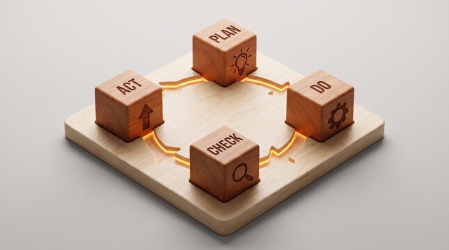 PDCA continuous improvement cycle concept with wooden blocks on a white background