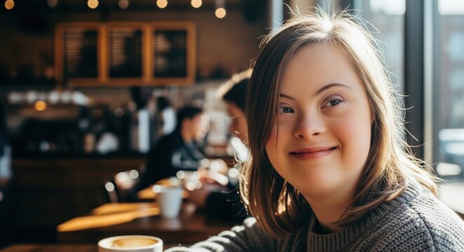 Smiling young woman with Down syndrome sitting in a cozy coffee shop with warm string lights and a barista working in the background, inclusive everyday lifestyle concept photography