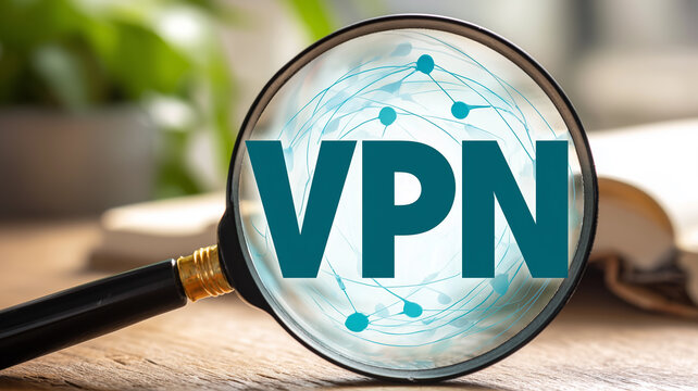A magnifying glass focused on VPN text over a connected network representing secure private access and online privacy
