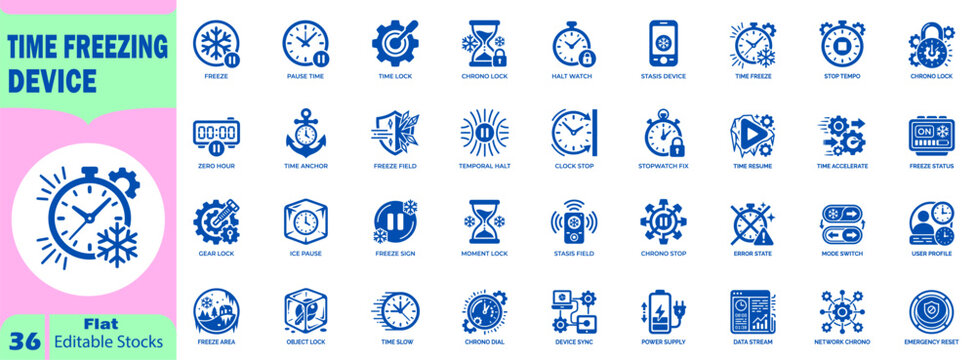 Time-freezing device flat icon. Collection for project design, including various futuristic clock and watch stop symbols. Editable Stroke. Vector Illustration.