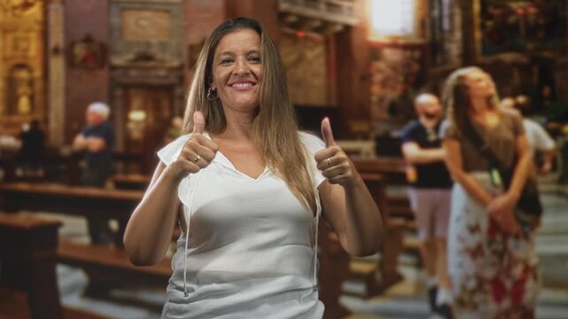 Middle aged woman smiling and giving double thumbs up, visible thumbs and hands inside ornate church building; travel joy.