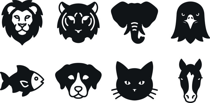 Animal heads vector icons set lion tiger elephant eagle fish dog cat horse
