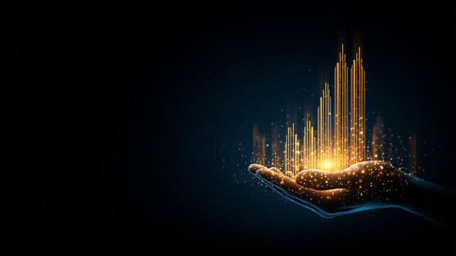 A hand supporting rising data bars represents business growth financial performance and strategic progress driven by analytics.
