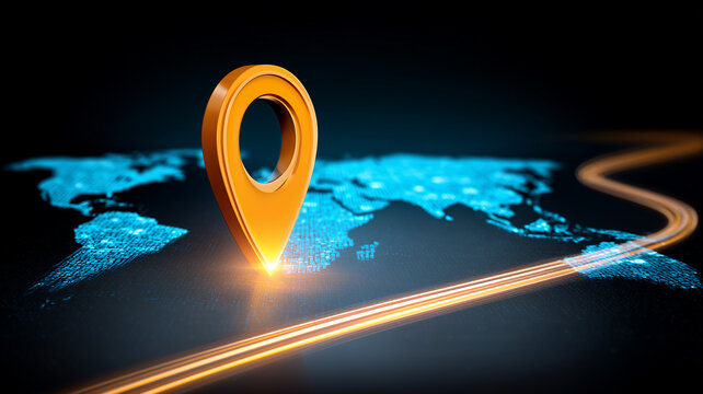 A location pin on a digital world map representing global navigation and connected route tracking
