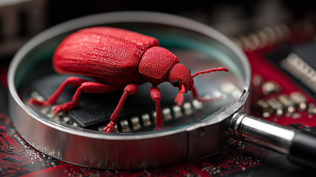 A magnifying glass examining a beetle on electronic circuitry represents malware detection cyber threat analysis and computer security investigation.

