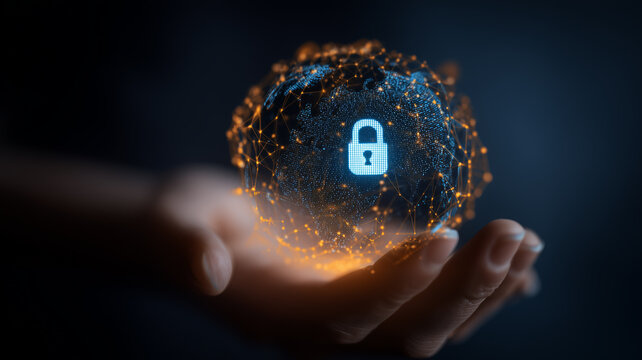 A hand holding a digital globe with a lock representing global cybersecurity and protected data networks
