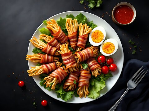 Delicious barbecued fries wrapped in bacon with fresh garnishes