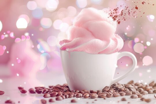 A whimsical scene with a cotton candy topped coffee drink served in a bright playful setting, a creative dessert beverage image about indulgence fun and modern cafe culture