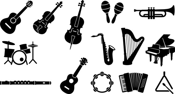Large Vector Collection of Musical Instrument Solid Silhouettes Comparing Orchestral Strings Percussion Drums and Wind Doodles for Concert Brand Logos