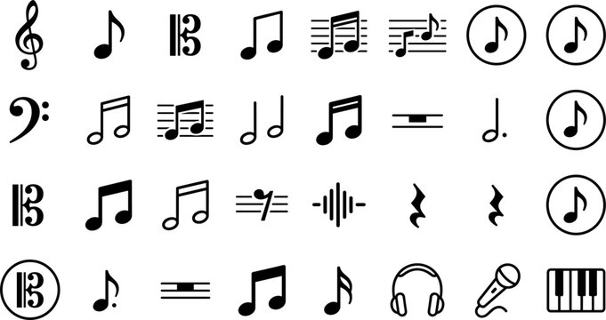 Large Vector Collection of Music Notation Solid Glyphs Featuring Clefs Notes Audio Waveforms Headphones and Piano Key Symbols for Streaming App Interfaces