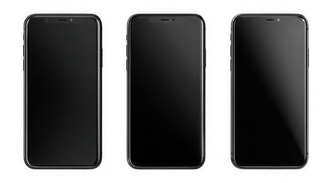Three black smartphones isolated on a transparent background on transparent background