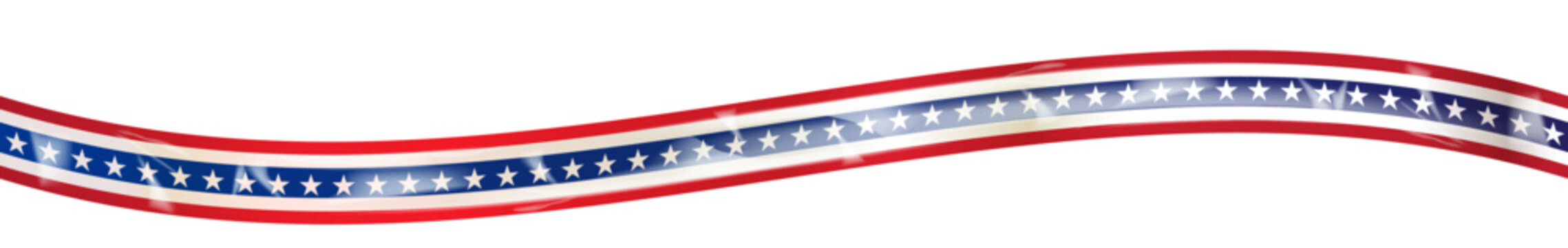 USA flag ribbon tape vector illustration. Wavy American patriotic plastic scotch tape with red white blue stripes and stars isolated on white background for Independence Day overlay asset.