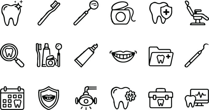 Set of hand drawn dental icons representing oral hygiene dental care professional clinic tools and healthy teeth treatment procedures collection
