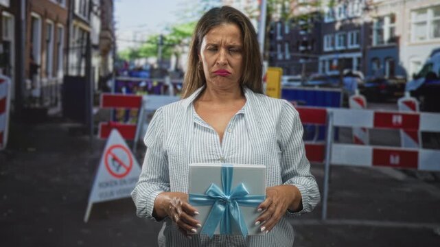 Woman holding a gift box with hands, frowning and pursing lips on a street near road barriers and a no entry sign; disappointment resilience.
