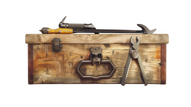 Vintage wooden toolbox with hand tools isolated with rustic wooden on transparent background