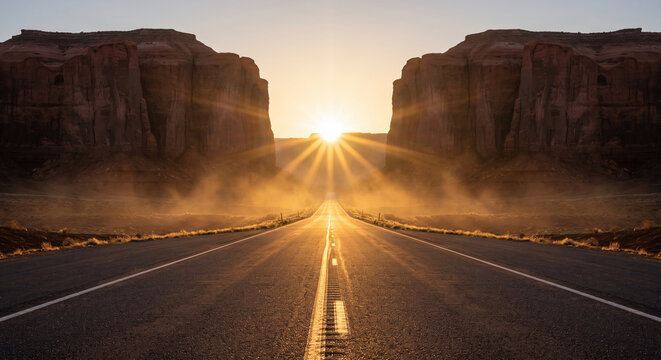 Desert Highway Leading to Sandstone Buttes in Monument Valley Landscape