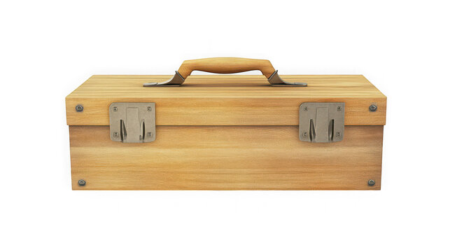 Classic wooden toolbox with metal latches isolated with wooden handle two on transparent background