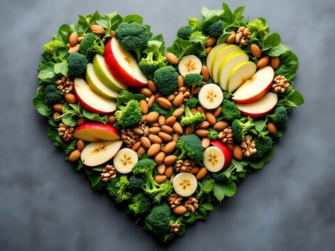 Healthy heart shaped arrangement of fresh fruits nuts and vegetables
